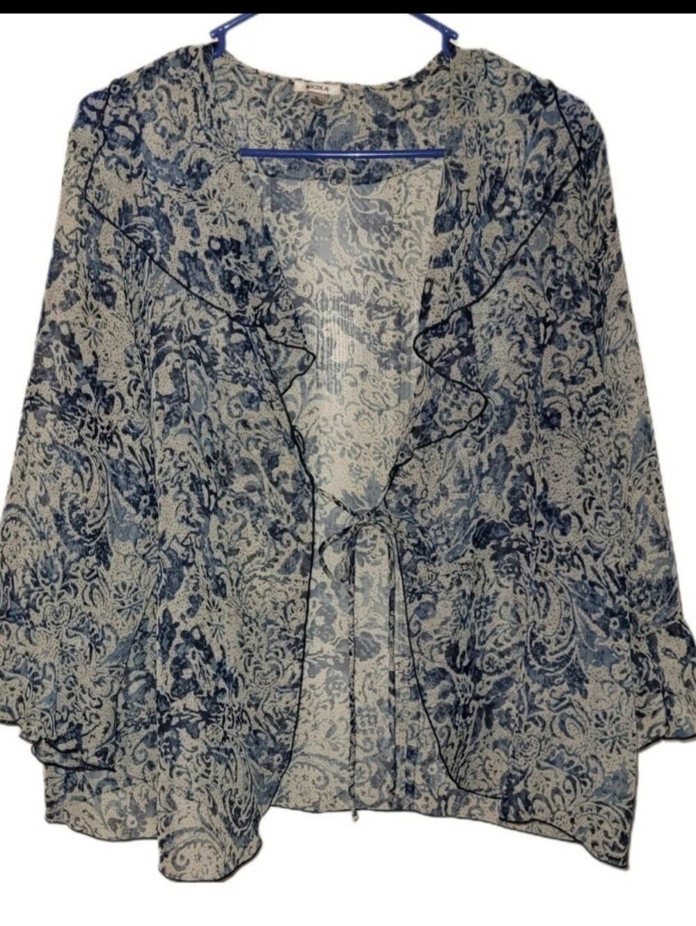 Blue English Whimsical Floral Chiffon Tie Front Flutter Sleeve Lg Cardigan Wrap